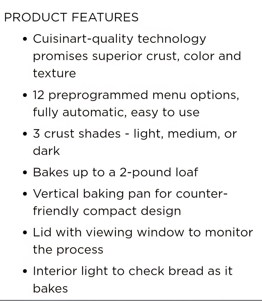 Cuisinart Compact Automatic 2lb Bread Maker CBK-110P1 - Bread Dough Cake Jam