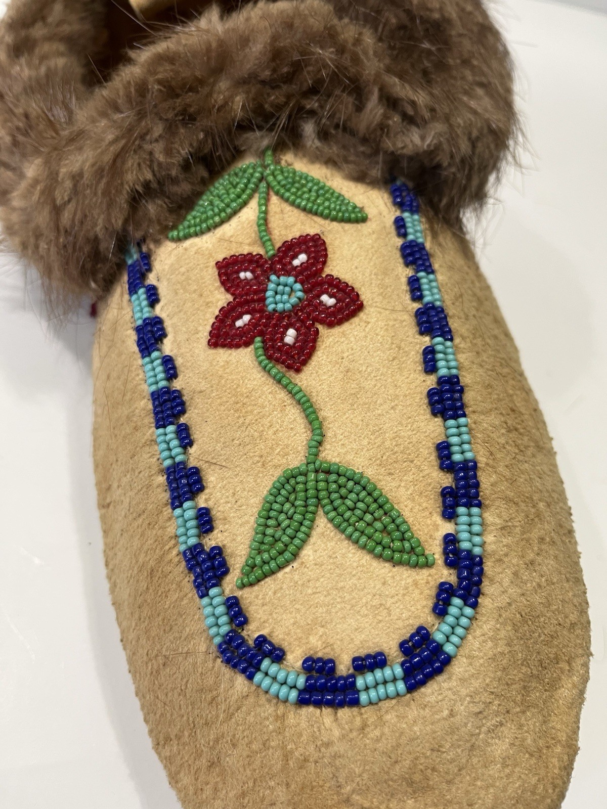Single Vintage Beaded Indian Moccasin On Hide -Rabbit Fur With Floral Beading