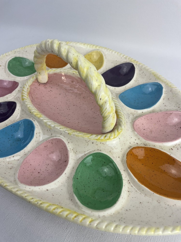 VTG Atlanic Mold Pastel Deviled Egg Platter Tray Dish w/Handle 14×10 Easter