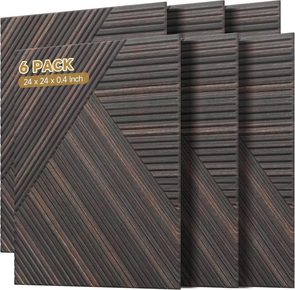 Rustic Walnut Acoustic Panels - 6 Pack Self-Adhesive 3D Wall Decor 2'x2