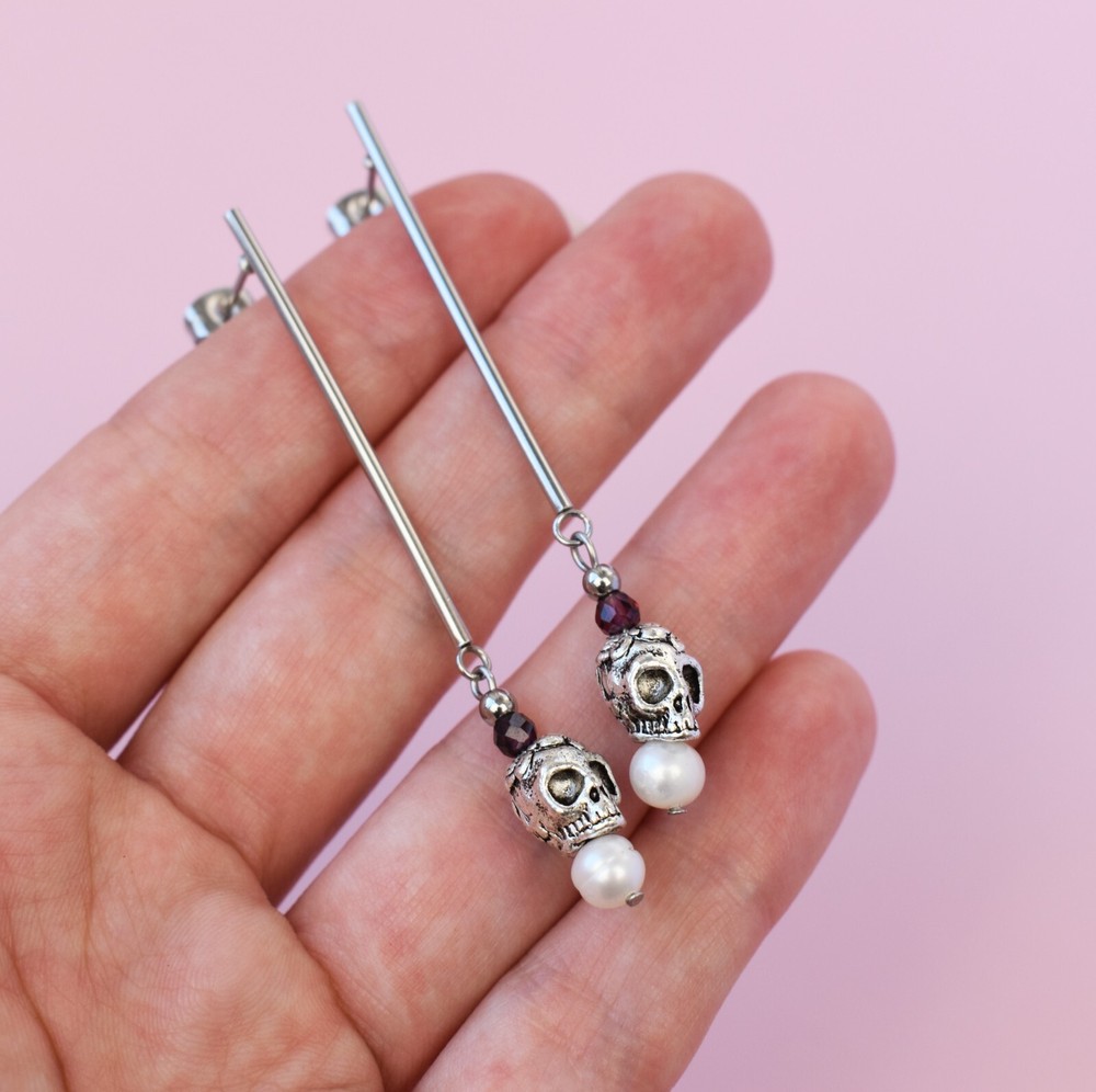 Long skull earrings dangle, real pearl earrings silver tone
