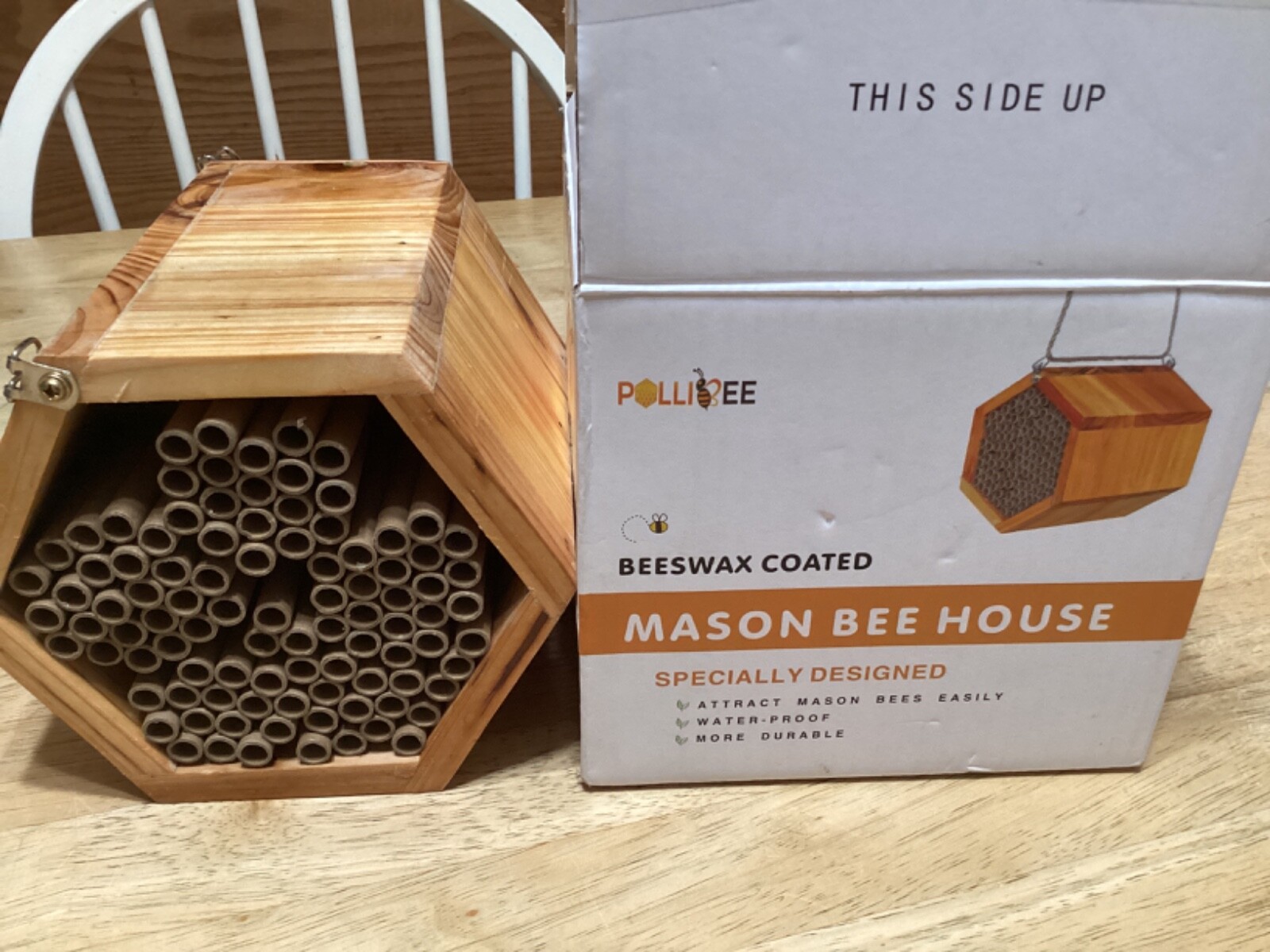 Mason Bee House - Handmade Natural Wooden Bee Hive Coated with Wax for Water