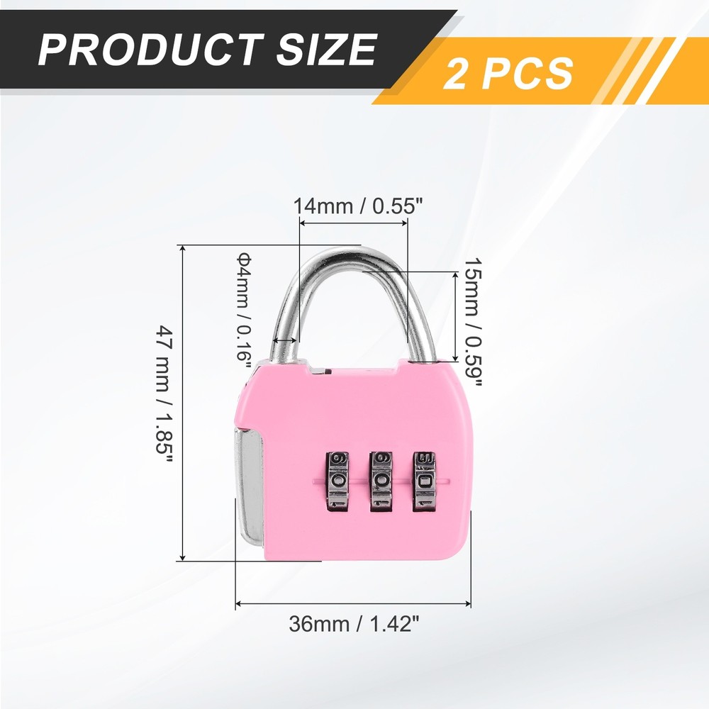 2Pcs Resettable 3 Digit Combination Lock Code Padlock, Pink (47 x 36mm)