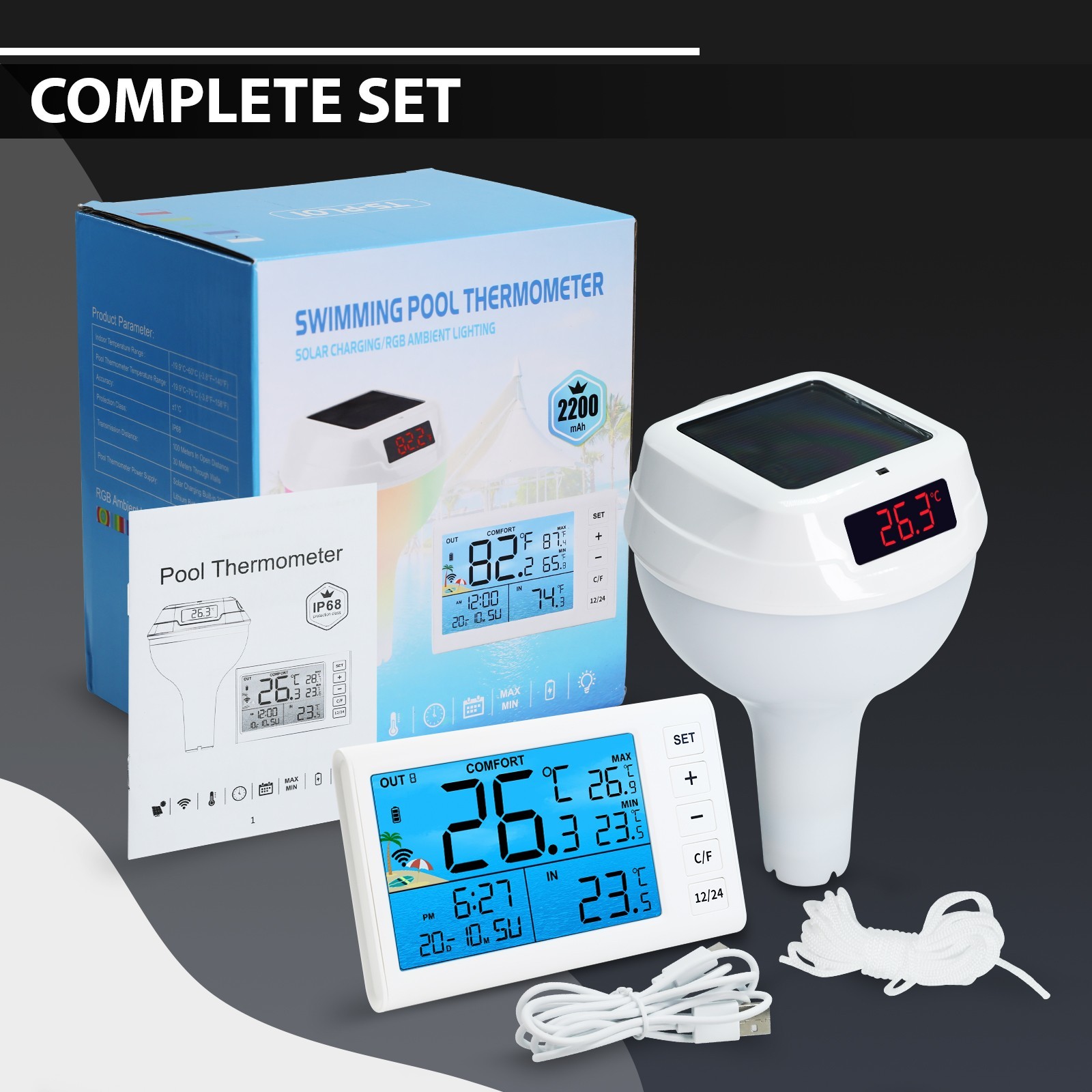 ILTH-517 Wireless Solar Pool Thermometer RGB Lights IP68 Floating Gauge for Pool