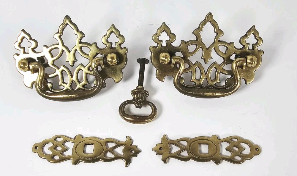 Vintage Brass Drawer Pulls & Backplates Lot + 1 Single Pull