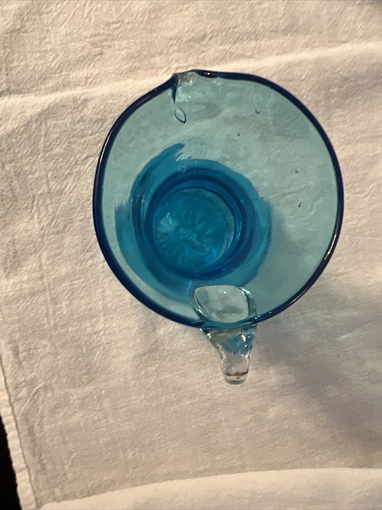 Handblown Mini Pitcher Blue With Clear Applied Handle 3.5”