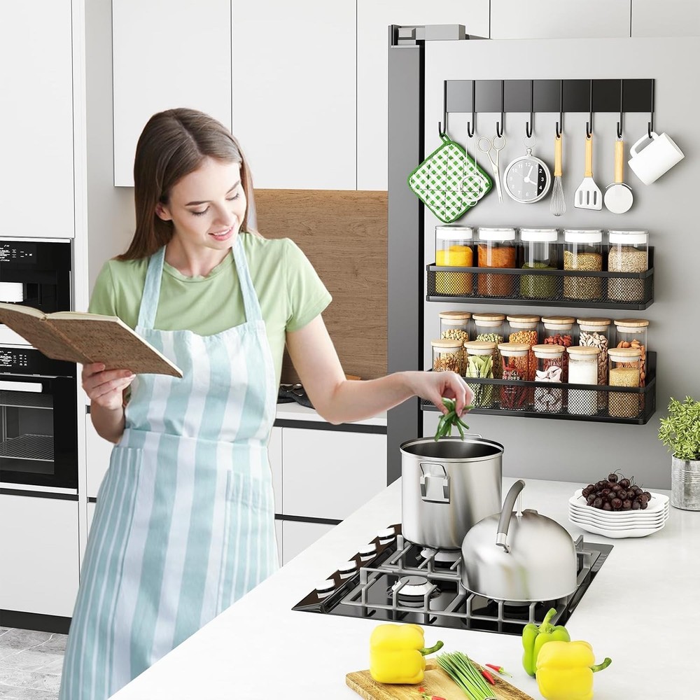 Magnetic Spice Rack for Refrigerator -Moveable Organizer with 8-Hook Rack 3-pack