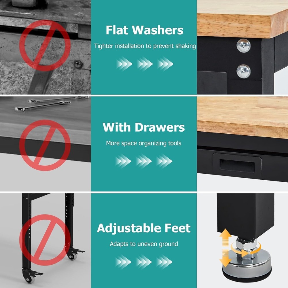 60-Inch Workbench with Power Outlets & Pegboard & Drawers Adjustable Work Table
