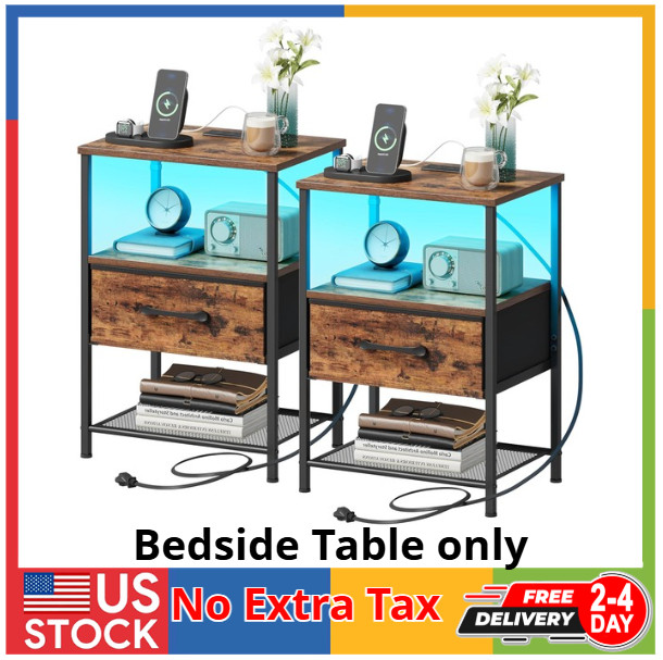 Night Stand Set 2, End Table with Charging Station, LED Bedside Table with Fa...