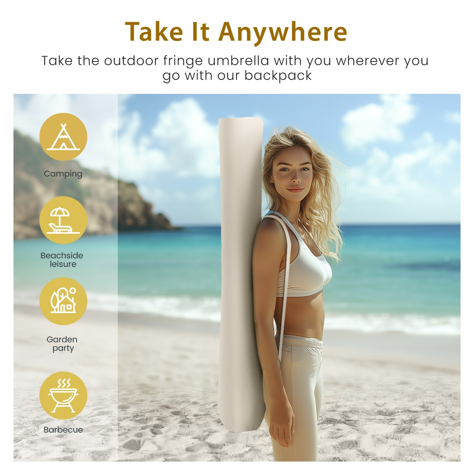 7ft Beach Umbrella with Carry Bag Patio Outdoor Fringe Umbrella Crank Tilt