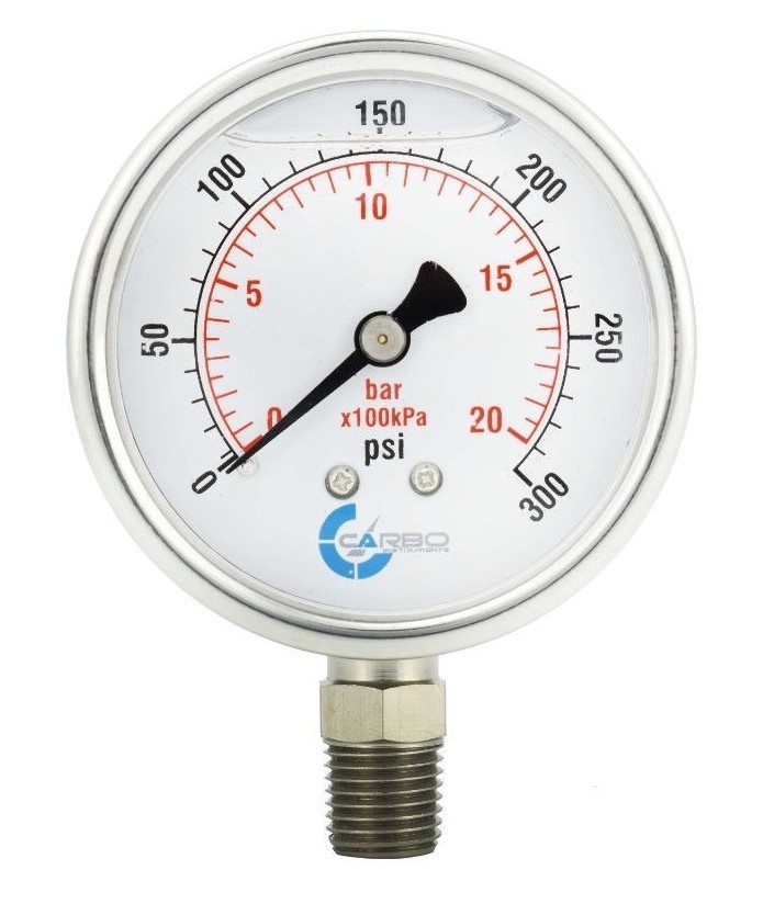 2.5" LIQUID FILLED PRESSURE GAUGE 0-300 PSI, STAINLESS STEEL CASE LOWER MOUNT