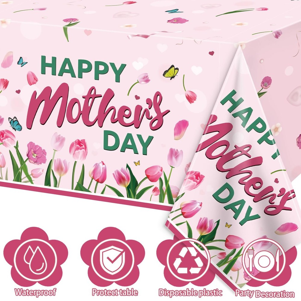 Happy Mothers Day Decorations Tablecloth 3Pcs 108" x 54" (Rectangular), Pink