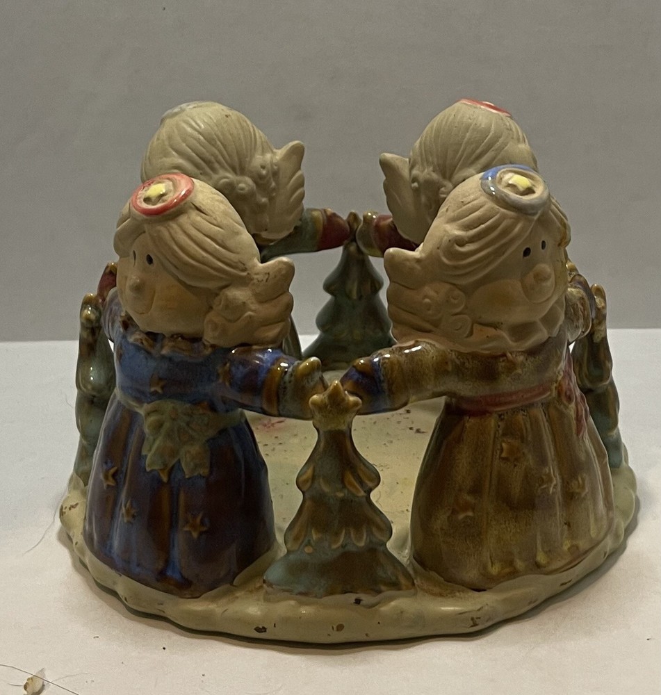 Ceramic Angels And Christmas Tree Pillar Candle Ring Holder