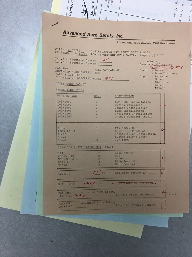 Supplemental Type Certificate SA1007NW Low Thrust Detector System Paperwork