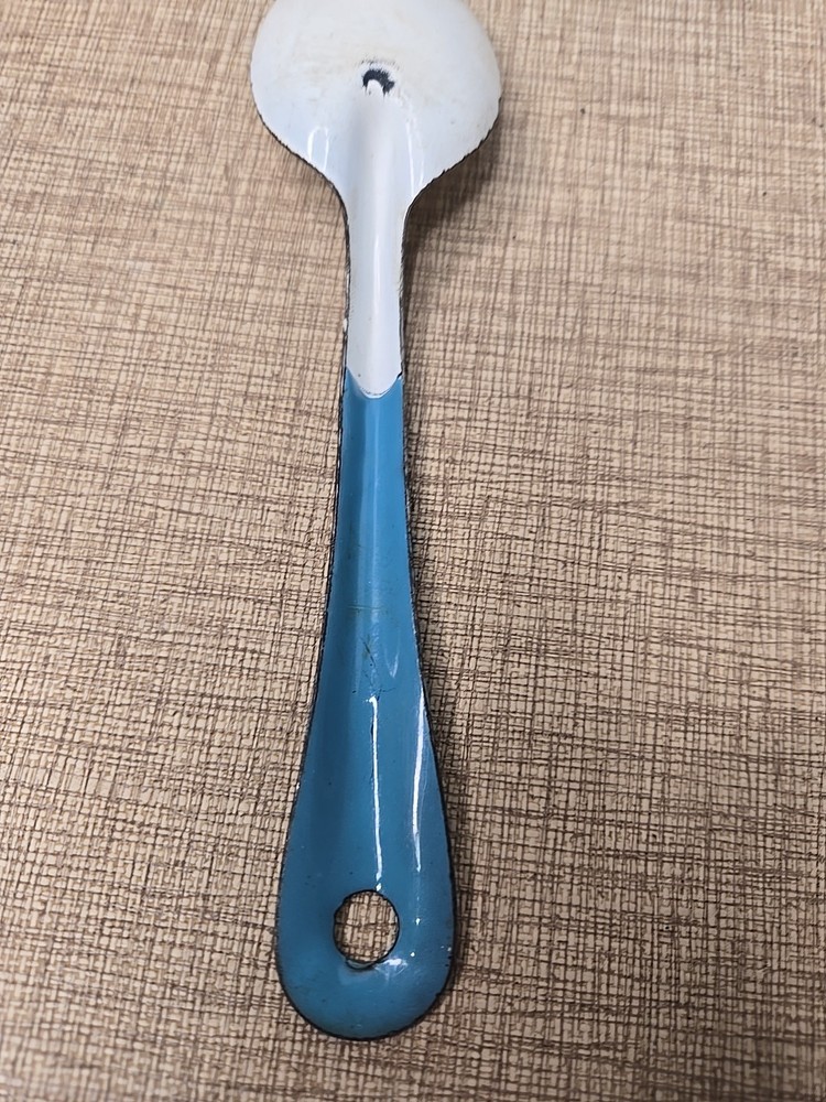 Vintage Enamel 8” & 6" Serving Spoons / Blue & White