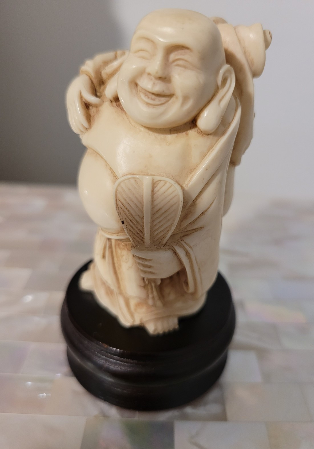 Vintage Japanese Carved Happy Buddha Figurine on Wood Stand 3-3/4" tall