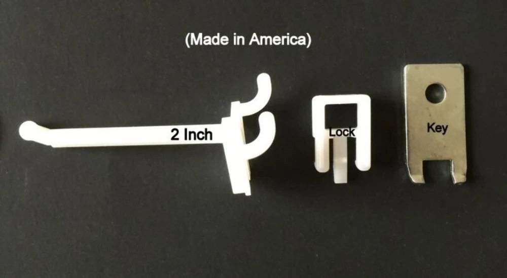 (250 PACK) 2 Inch Locking White Plastic Pegboard Peg Hooks (250 Locks, 12 Keys)