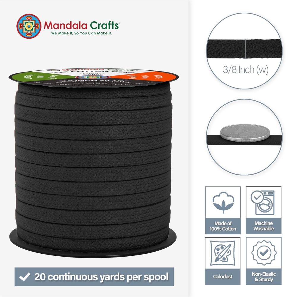 Mandala Crafts Black Flat Drawstring Cord Replacement 3/8 Inch 20 YDs