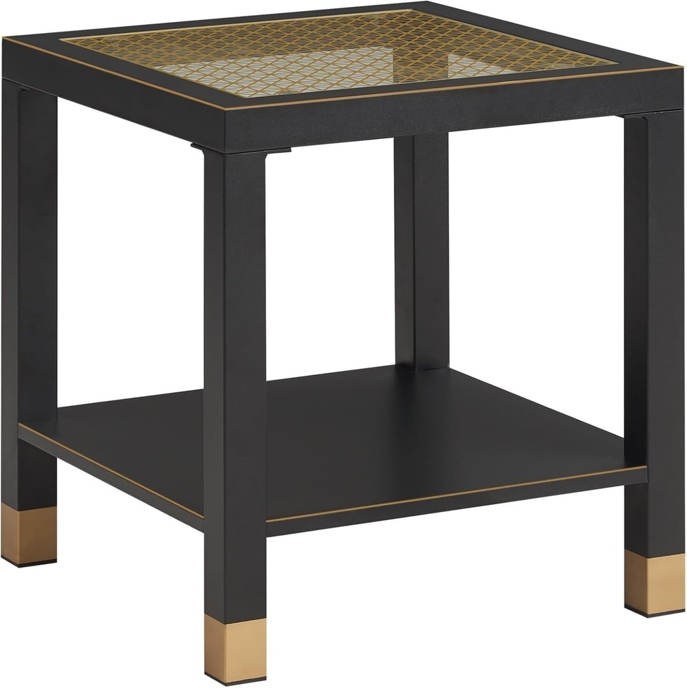 Square Side Table with Shelf Boho Style Glass End Table Nightstand