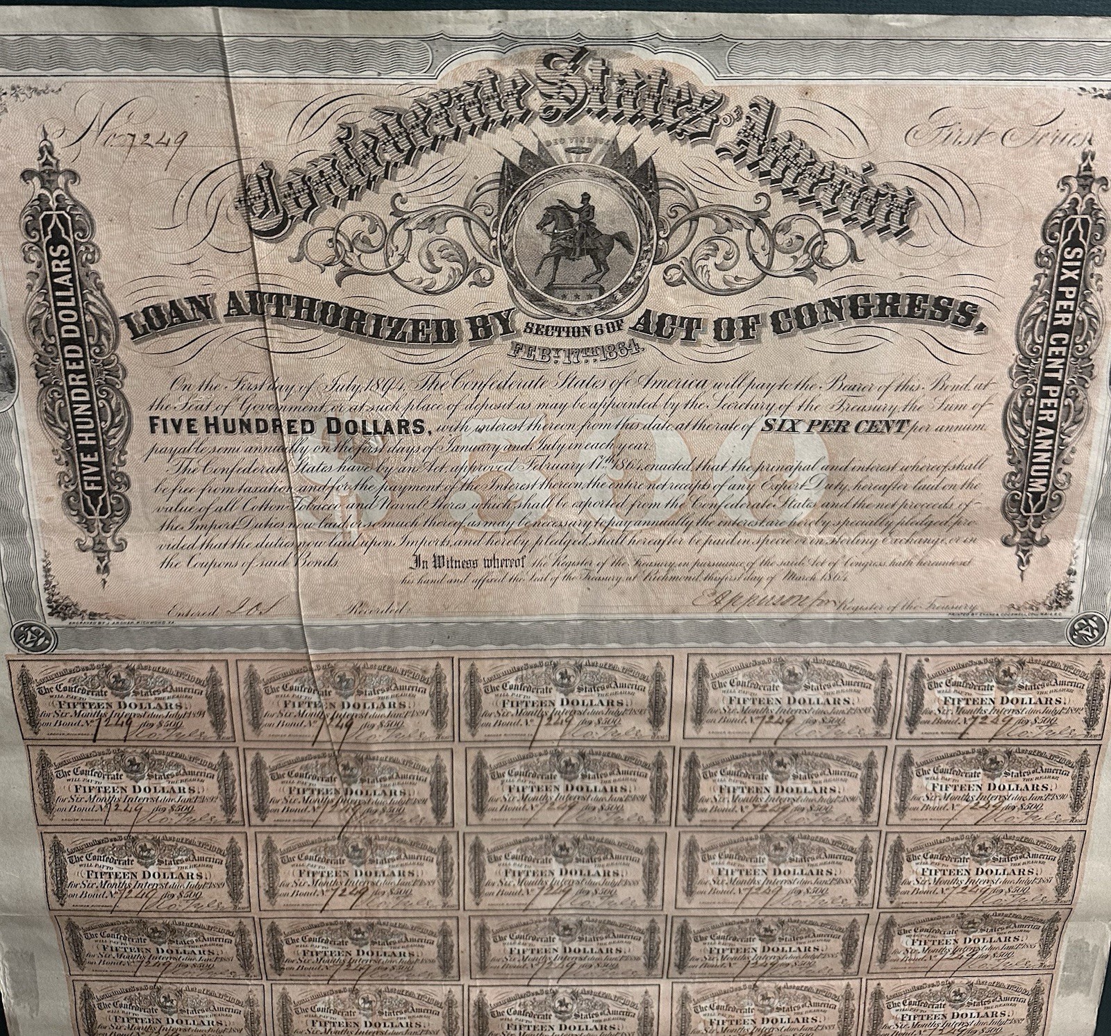 Confederate States of America 1st Series $500 Civil War Loan Bonds, Complete Set