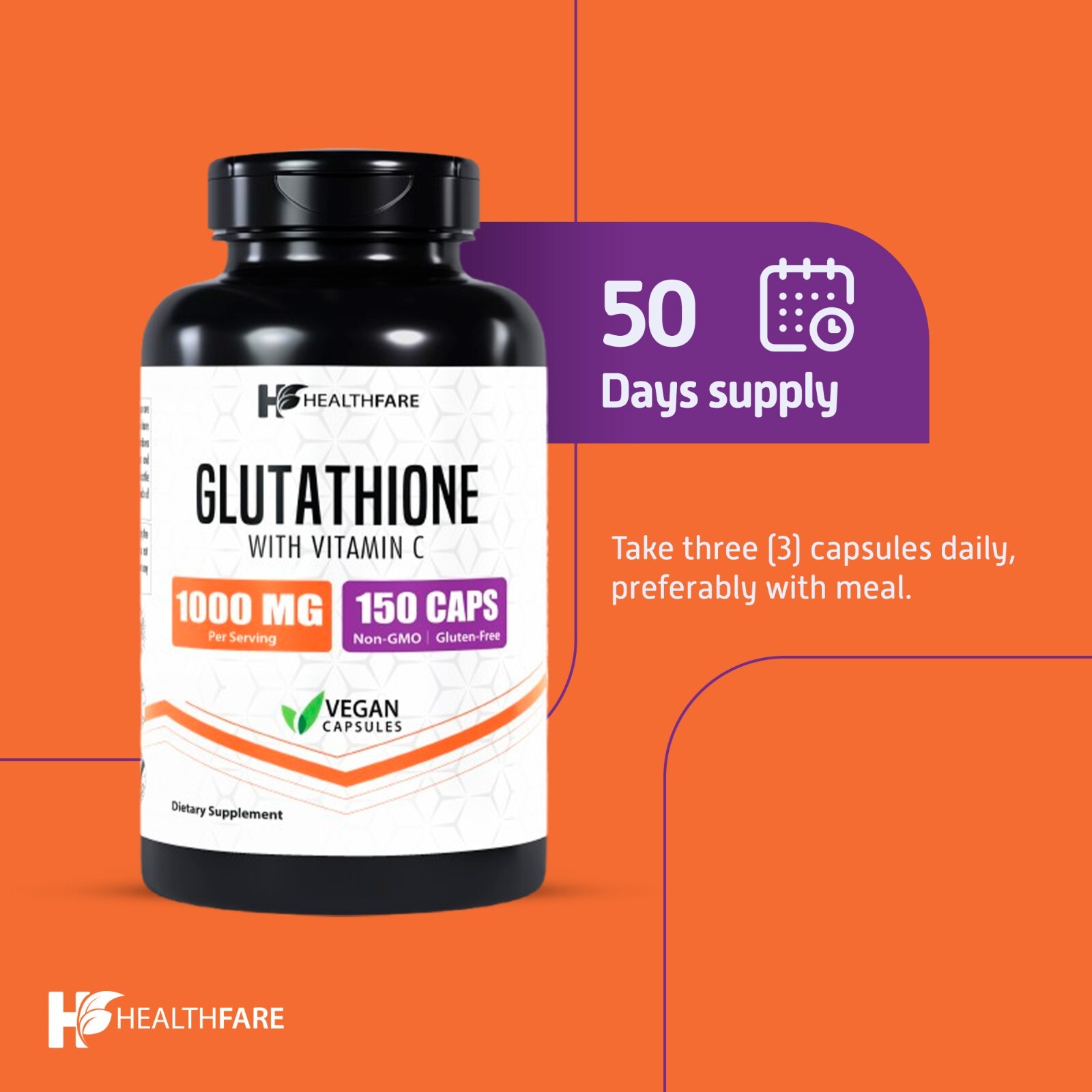 Healthfare Glutathione 1000mg GSH L-Glutathione Reduced 150 Capsules Antioxidant