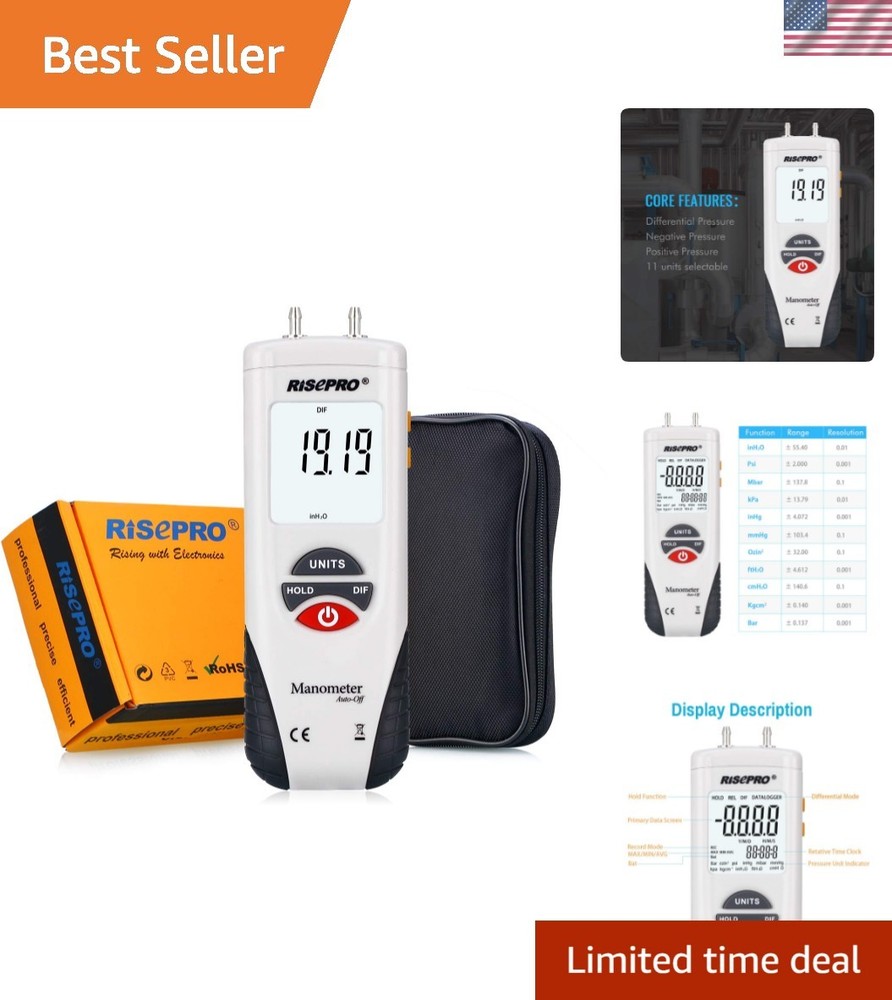 Lightweight Digital Manometer & Differential Pressure Gauge: 10 psi Max Capacity
