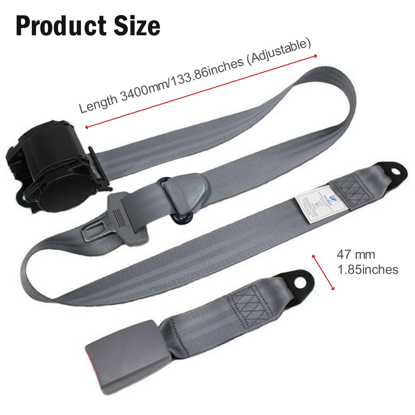2 Retractable 3 Point Safety Gray Seat Belt Straps Vehicle Adjustable Belt Kit