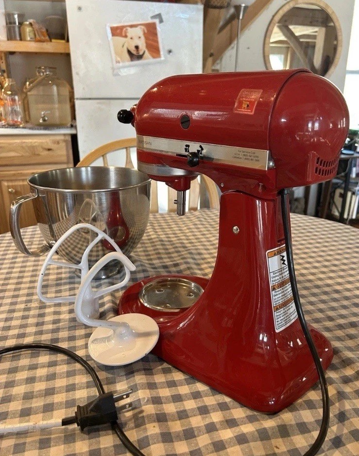 KitchenAid Artisan Red Standalone Mixer Stainless Steel Bowl Whisk Dough Hook .