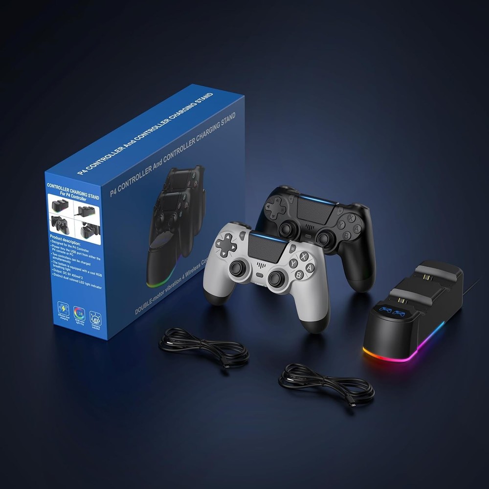2 Pack Controllers with Charging Dock Station for PS4 Black & White