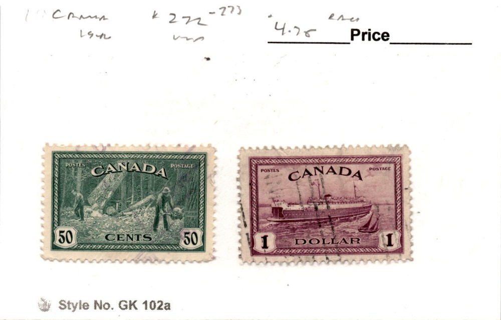 Canada, Postage Stamp, #272-273 Used, 1946 Logging (AC)