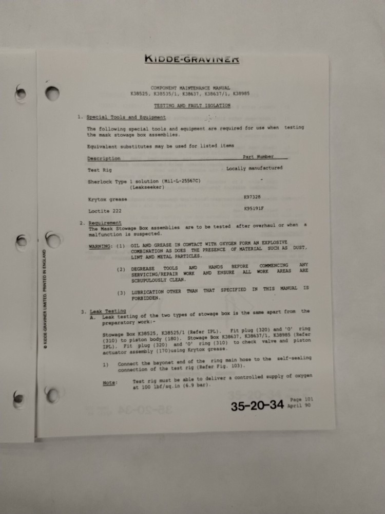 Kidde-Graviner Mask Stowage Box Assemblies Component Maintenance Manual-Original