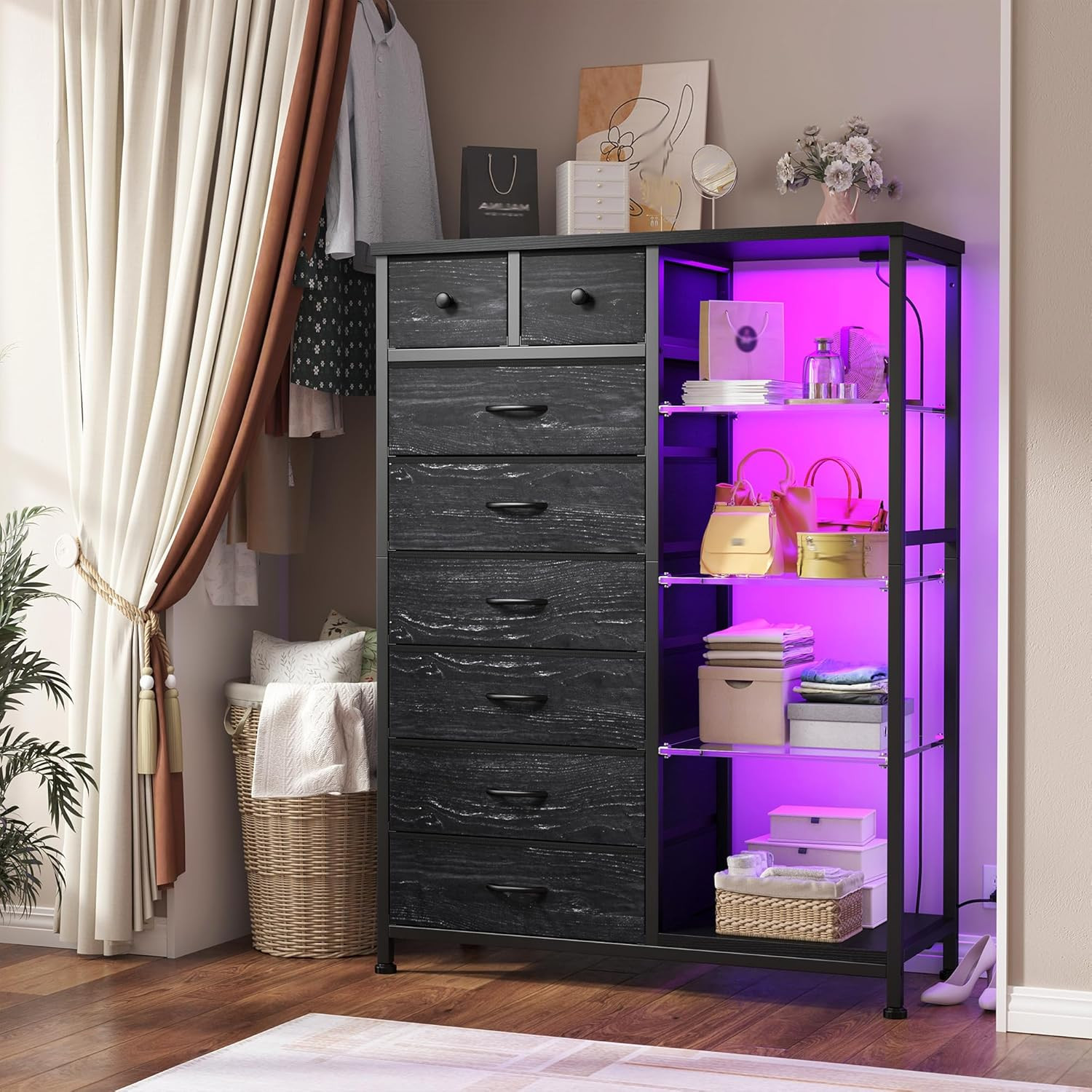 Enhomee 54" H Dresser for Bedroom with LED Lights & Power Outlets Dresser with 8