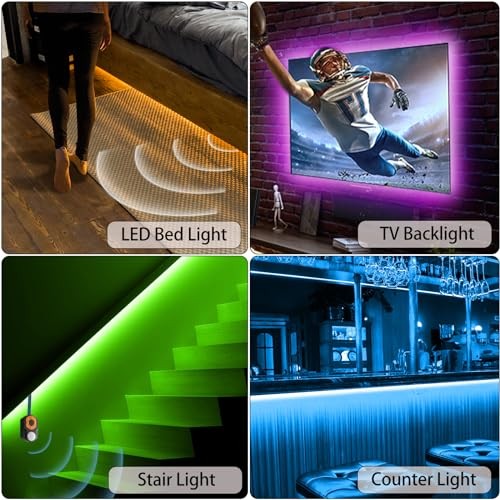 Motion Sensor LED Light Strip Under Bed Lights, RGB 3 Mode Motion 19.68ft