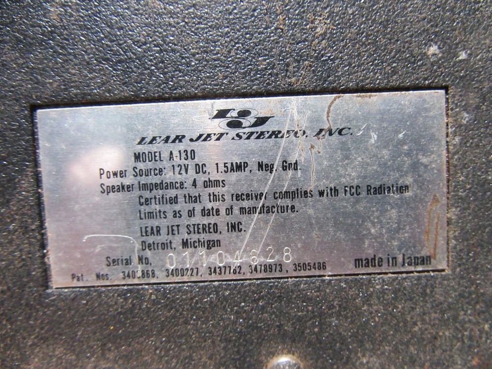 Rare Vintage Lear Jet Stereo Jetstar 8 Car Untested