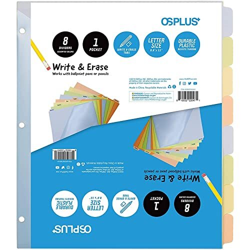 OS Plus 8-Tab 3 Ring Durable Colored Plastic w/Write & Erase Tab Binder Dividers