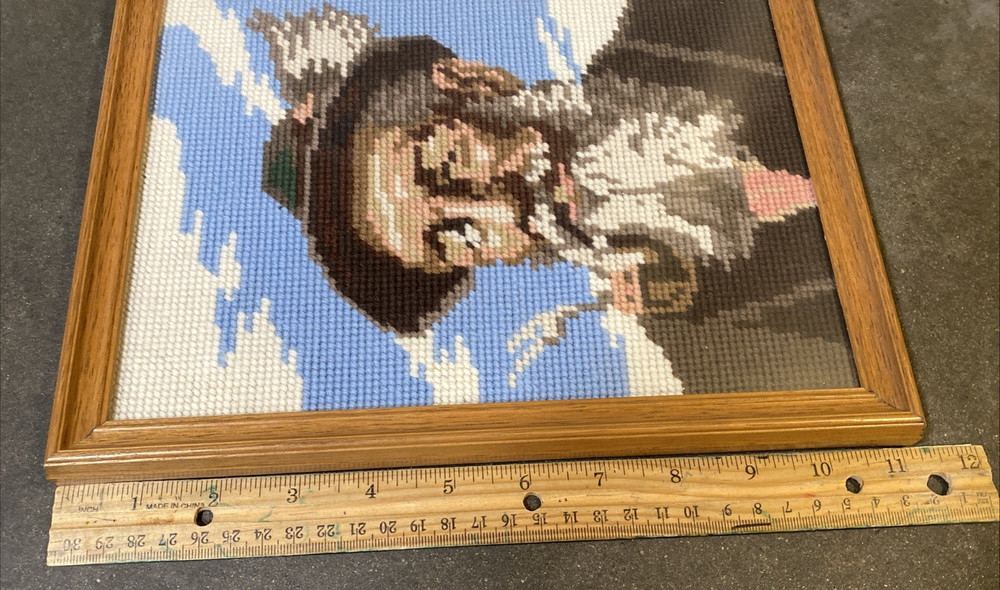 Vintage Needlepoint Old Man With Beard Smoking Pipe Framed Needlepoint