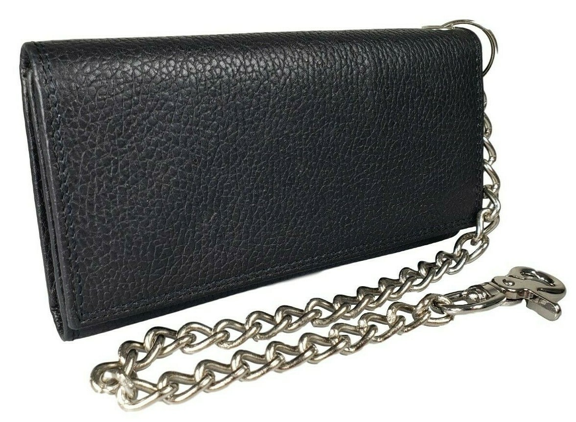 Black Leather Trifold Chain Motorcycle Biker Trucker Long Wallet With Belt Hook