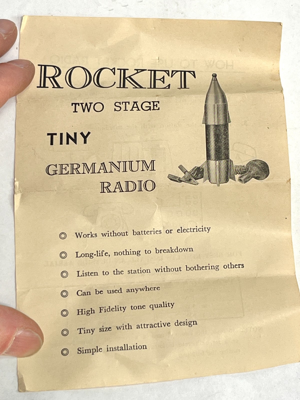 Vintage 1950s Rocket A-1 Tiny Germanium Crystal Radio w/ Box Space Age Toy