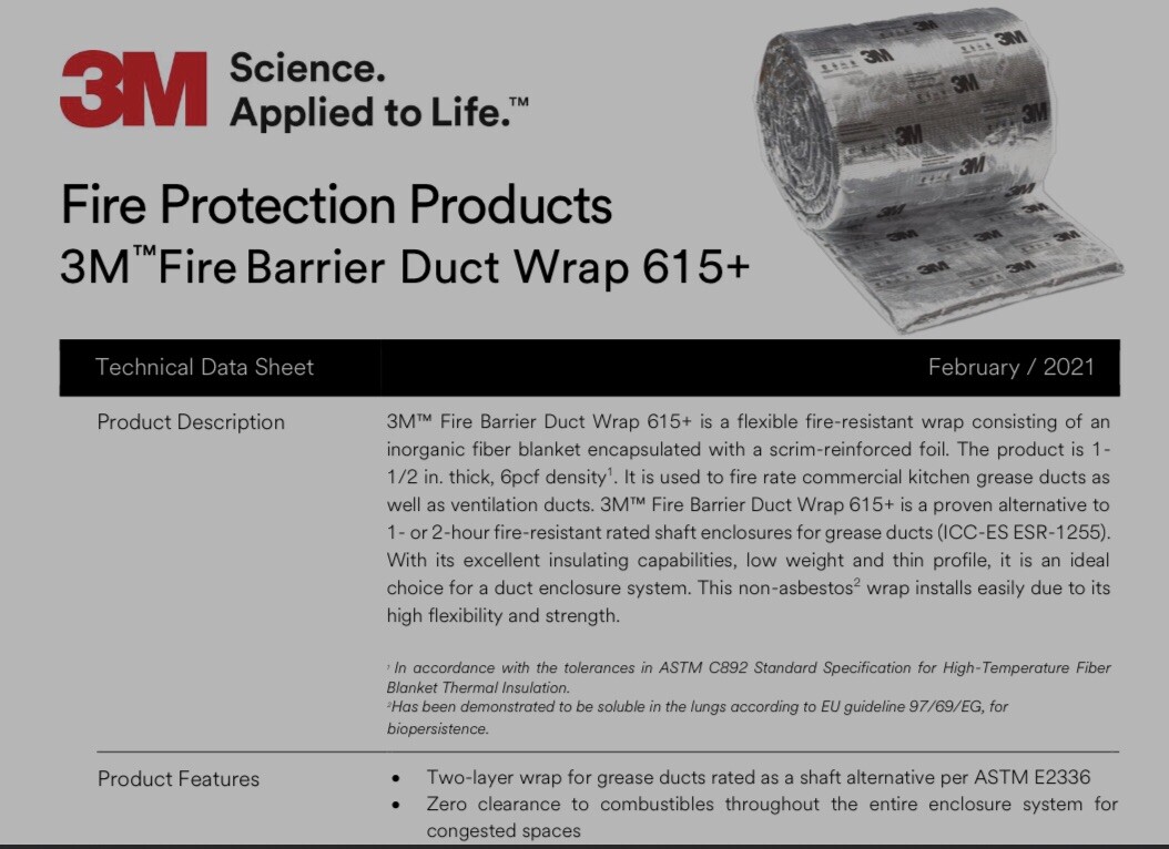 3M Fire Barrier Duct Wrap 615 12”W x 48” L x 1-1/2” Thickness (New) open box