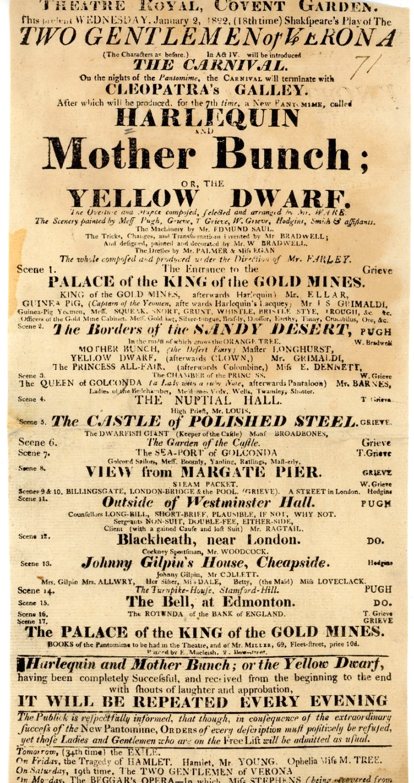 1822 Theatre Royal Covent Garden Playbill  Shakespeare & Harlequin Pantomime