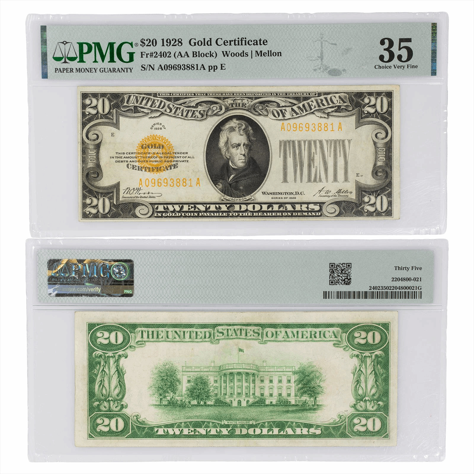 1928 $20 Gold Certificate Fr#2402 PMG Choice Very Fine 35