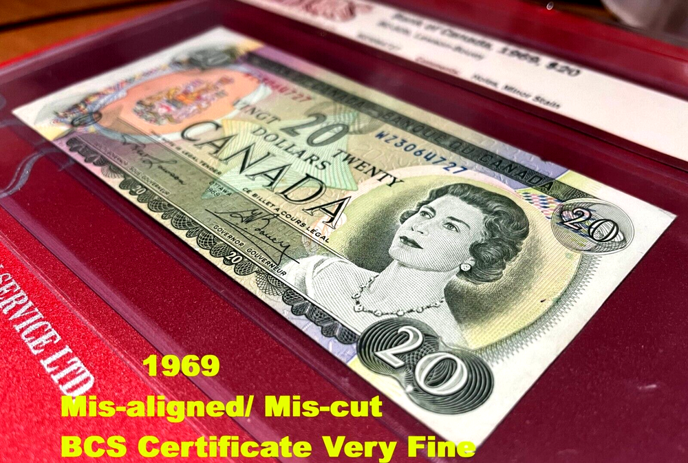 MISCUT/MIS-ALIGNED 1969 $20-BCS Certification Very Fine BC-50b