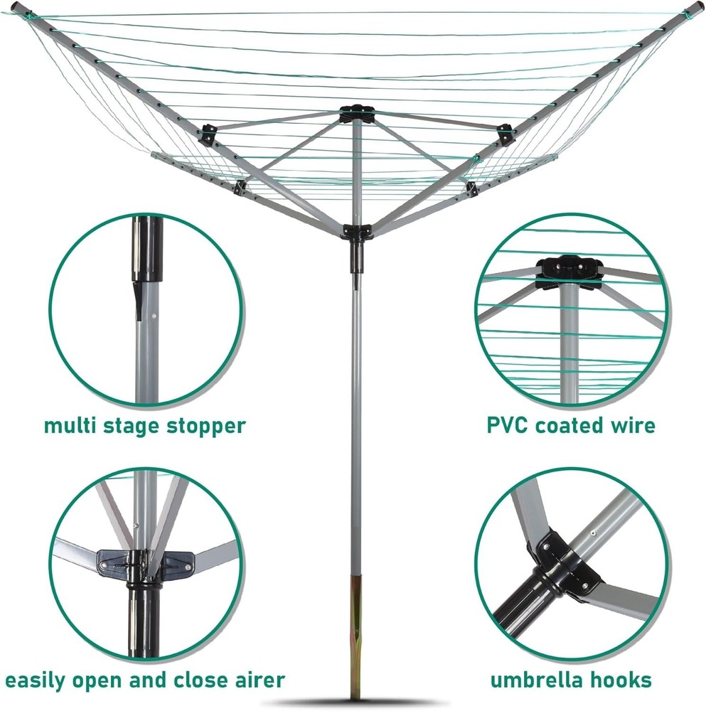 Umbrella Clothesline Drying Rack Adjustable Height Rotary Outdoor 165ft