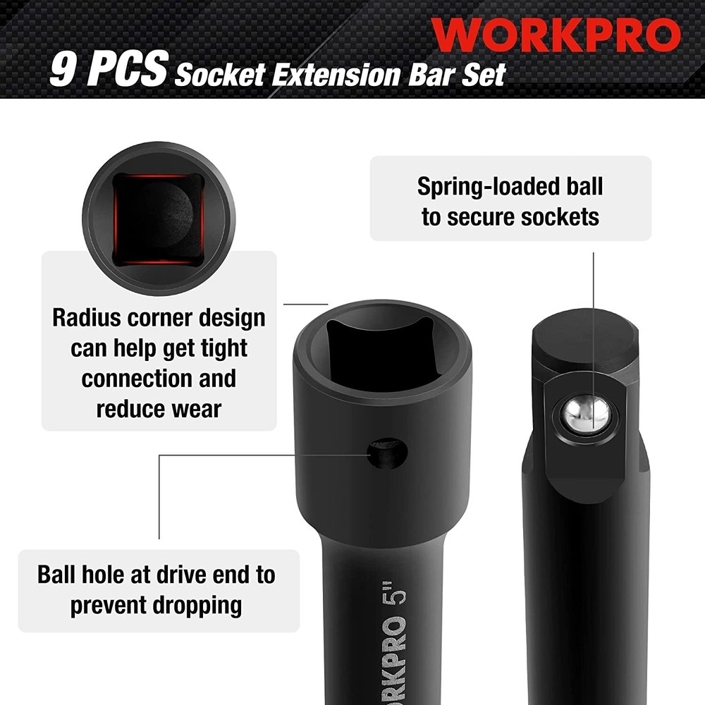 WORKPRO 9PC Impact Socket Driver Extension Bar 1/4" 3/8" 1/2" Drive Extension