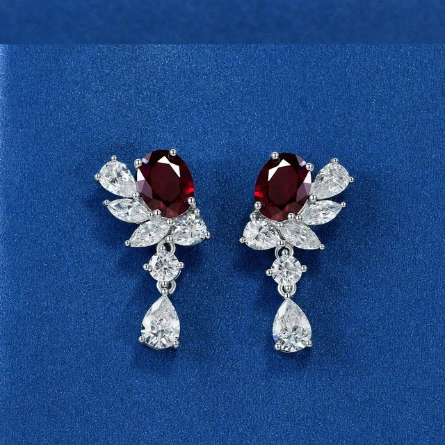 2.20Ct Oval Cut Lab-Created Red Ruby Drop Dangle Earrings 14k White Gold Plated