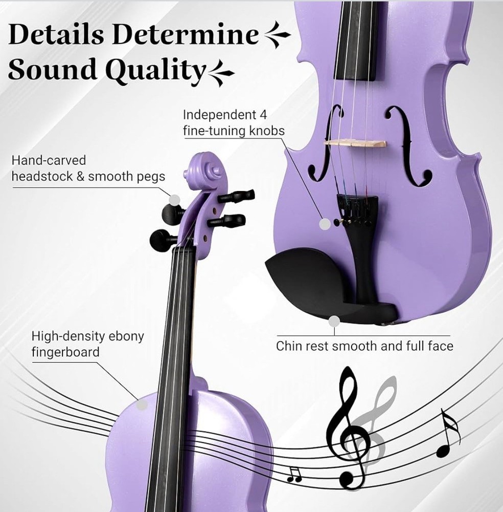 Solid Wood Violin 4/4 Full Size Purple For Adults and Beginners, Includes Case