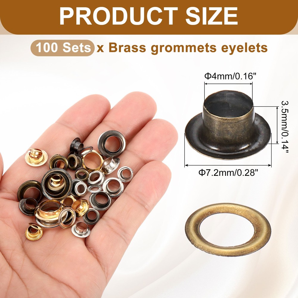 100 Set Grommets Eyelets 4mm Brass Self Backing Eyelets Bronze