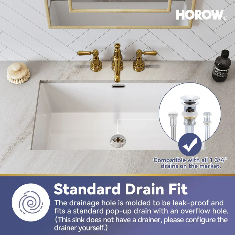 27.6" HOROW Undermount Bathroom Sink Rectangular Vitreous with Overflow Hole