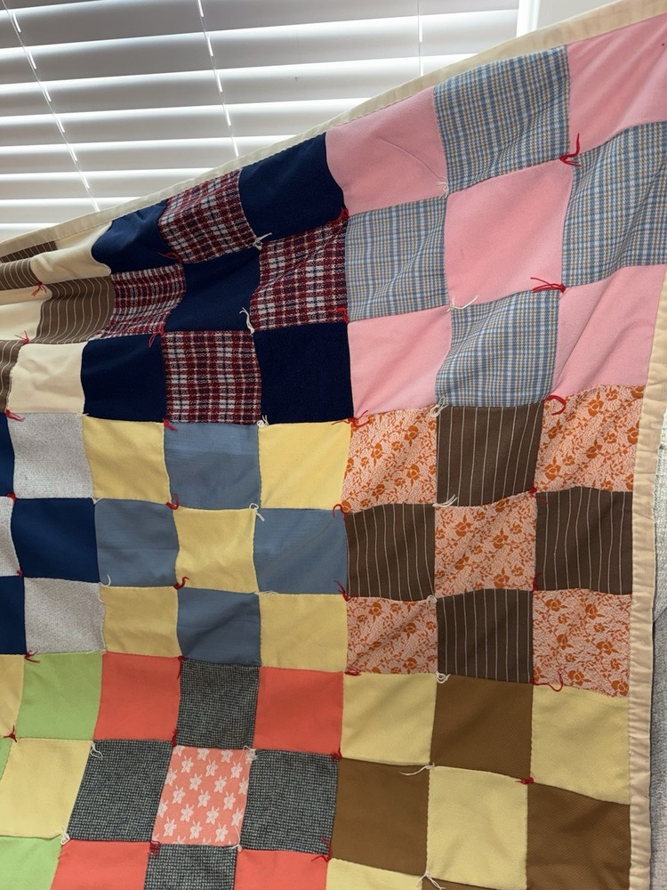 Vintage Thick Hand Made Hand Stitched Square Patchwork Quilt 74"x82" Twin