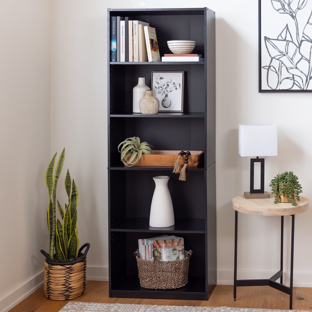 Five-shelf bookcase with adjustable shelves, solid black oak